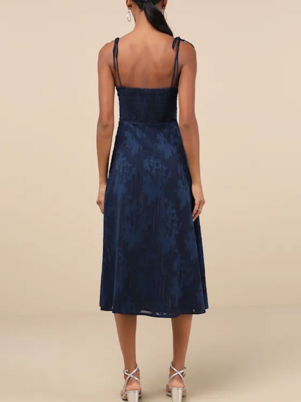 Lulus Loveliest Looks Navy Blue Floral Jacquard Tie-Strap Midi Dress - Picture 2 of 9